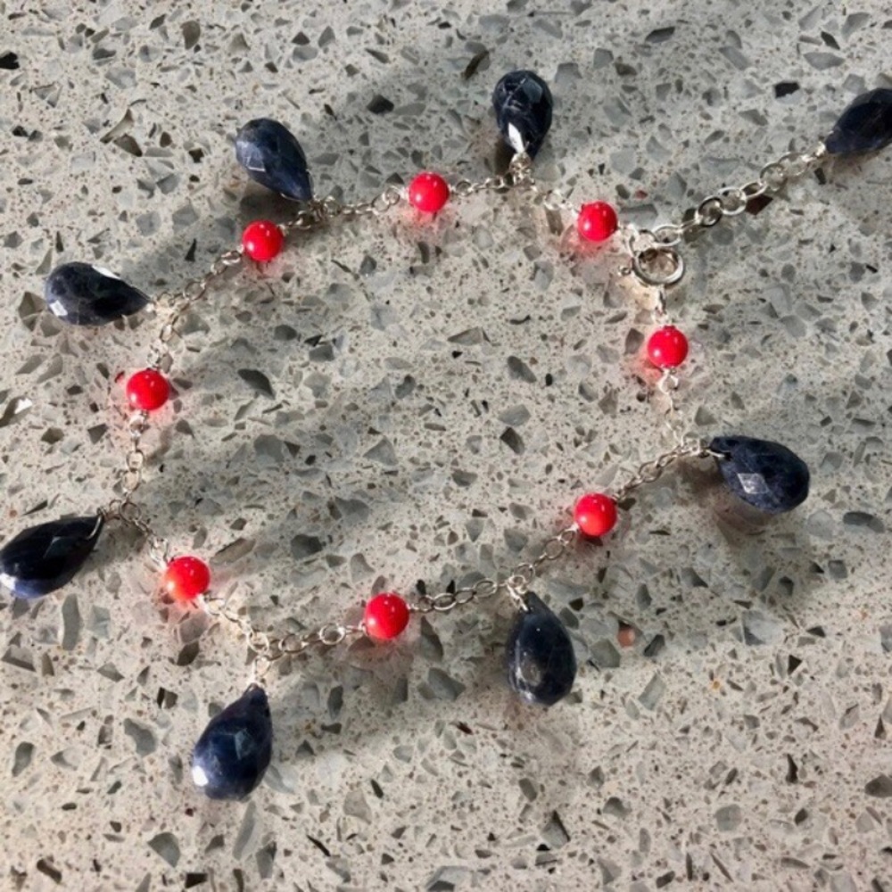 Natural Sodalite & Coral Sterling Silver Charm Bracelet